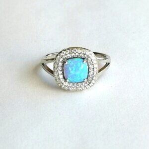 Blue opal CZ pave Halo Sterling silver ring size 8